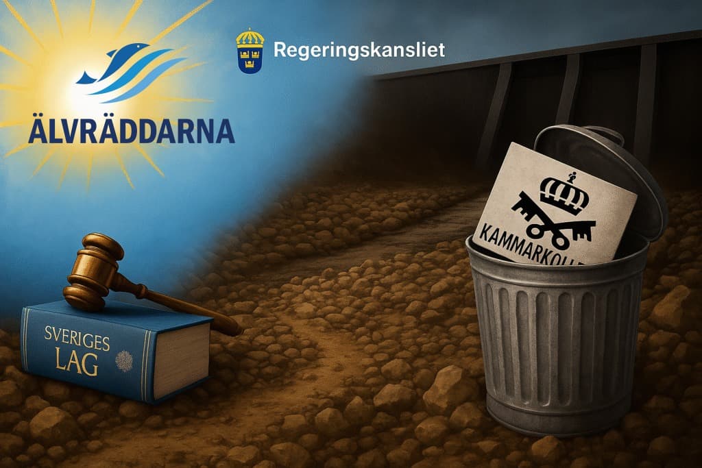 Dekorativ bild på torrfåra efter vattenkraftverk, med Älvräddarnas logotyp uppe till vänster, Regeringskansliets logotyp uppe i mitten och Kammarkollegiets logotyp i en soptunna nere till höger. Boken Sveriges Rikes Lag nere till vänster, med domarklubba ovanpå.