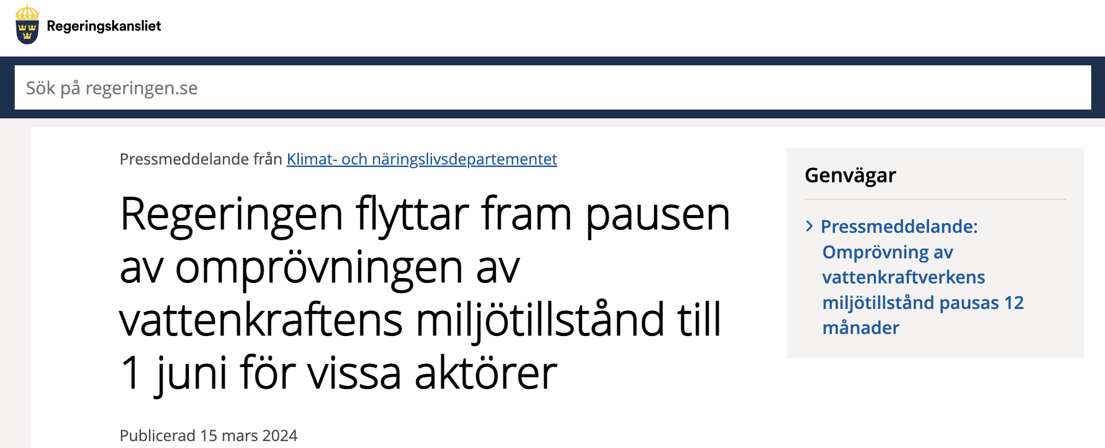 Regeringen förlänger pausen av NAP (omprövningen av vattenkraftens miljötillstånd) till 1 juni